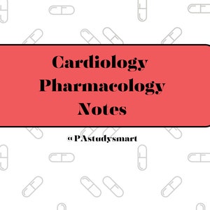 Könnte beinhalten: Ein rotes Rechteck mit dem Text "Cardiology Pharmacology Notes" und dem Social-Media-Handle "@PAstudysmart" in weißer Schrift auf weißem Hintergrund mit einem sich wiederholenden Muster aus grauen Pillen.