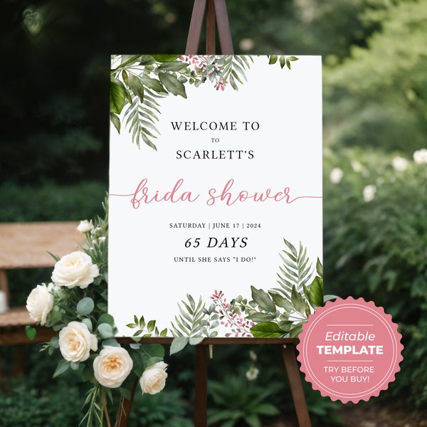 Portrait Bridal Shower Welcome Sign Template, 100% Editable Text, Party, Reception, Brunch Poster, Decorations, Download, Green pink