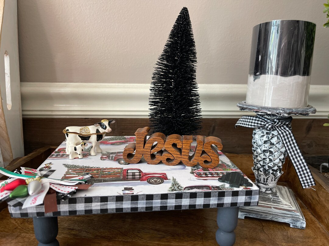 Christmas Tree Stand Riser Farmhouse Riser Handpainted Decoupaged Christmas Tree Trucks Stand Tray ...