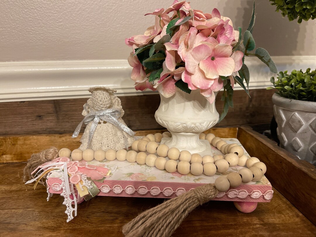 Farmhouse Riser Handpainted Decoupaged Chic Floral Cottage Stand Tray ...