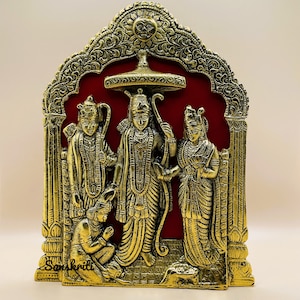 Ram darbar statue frame wall decor art brass and red velvet Murty, Antique finish Rama Sita Hanuman parivar, Indian Temple home decor gift