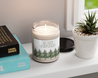 Bougie de soja parfumée magique avec des pins enneigés, bougies de Noël, célébrez Noël avec style.