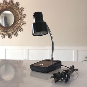 Vintage Gooseneck Desk Lamp, 70s Hi Intensity Task Lamp with Wood Base, Retro Office Light, Mid Century Modern Lighting