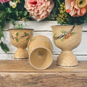 Vintage Majolica Egg Cup Set: Hand-Painted Ceramic Soft-Boiled Egg Holders