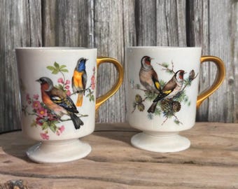 Set of 2 Ceramic Tea/Coffee  Vintage Cups with Birds