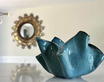 Handmade Studio Pottery Bowl | Blue Ceramic Art Bowl | Sculptural Centerpiece | Modern Organic Home Decor