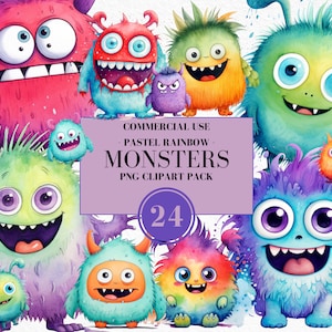 Cute Monster Halloween Clipart, Watercolor Clipart, Cute Monsters, Rainbow Halloween, Cute Little Monsters, Funny Monsters, Commercial Use