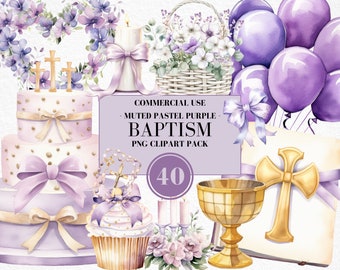 Watercolor First Communion Clipart, Pastel Purple, Baptism Clipart, Christening, Floral Cross, Bible, Religion, Rosary, Commercial Use