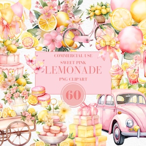 Clipart di limonata rosa acquerello, compleanno di limonata rosa, festa di limonata rosa, festa estiva, clipart di limonata, limoni, uso commerciale
