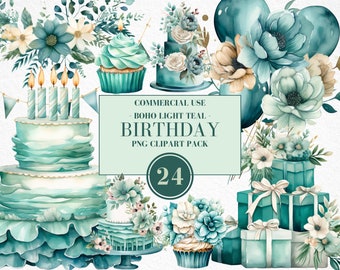 Aquarell Boho Petrol Geburtstag Clipart, Aquarell Geburtstag Clipart, Boho Florale Elemente, Boho Party, Boho Geburtstag, kommerzielle Nutzung