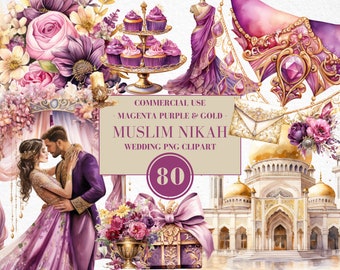 Watercolor Muslim Nikah Wedding Celebration Clipart, Islamic Wedding Clipart, Indian Nikah Clipart, Magenta, Ismaili, Commercial Use