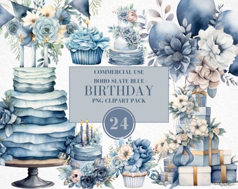 Watercolor Slate Blue Birthday Clipart, Watercolor Birthday Clipart, Boho Floral Elements, Boho Party, Bohemian Birthday, Commercial Use