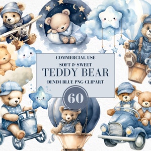 Aquarelle Teddy Bear Clipart pour garçon, Aquarelle Baby Shower Clipart, Denim Blue Teddy Bear Clipart, ours en peluche vintage, utilisation commerciale