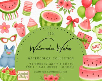 Watermelon Clipart, Watermelon Birthday, Summer Party, Baby Shower Decor, One in a Melon, Fruit Theme, Watermelon Party, Commercial Use