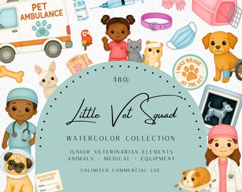 Watercolor Vet Clipart, Veterinary PNG, Animals, Medical Tools, Vet Kids, Pet Care, Scrubs, Hospital, Pet Clinic, Dog, Cat, Commercial Use