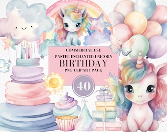 May include: A set of 40 pastel watercolor clipart images featuring unicorns, rainbows, stars, balloons, a cake, a cupcake, presents, a party hat, and a sun. The text "COMMERCIAL USE - PASTEL ENCHANTED UNICORN - BIRTHDAY PNG CLIPART PACK 40" is on a pink background.