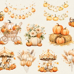May include: A collection of autumn-themed digital clipart featuring pumpkins, gourds, and fall foliage. The clipart includes a pumpkin carriage, a carousel, a bouquet of flowers, and a garland of pumpkins.