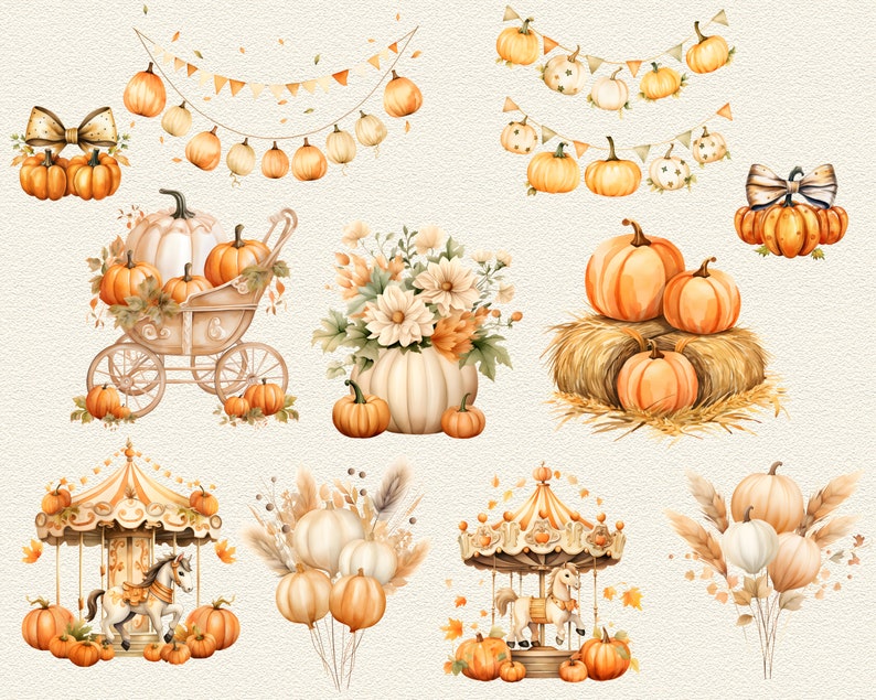 May include: A collection of autumn-themed digital clipart featuring pumpkins, gourds, and fall foliage. The clipart includes a pumpkin carriage, a carousel, a bouquet of flowers, and a garland of pumpkins.