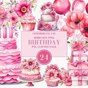Watercolor Hot Pink Birthday Clipart, Watercolor Birthday Clipart, Boho Floral Elements, Pink Boho Party, Bohemian Birthday, Commercial Use