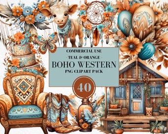 Aquarell Boho Western Clipart, Boho, Cowgirl Clipart, Desert Ranch Clipart, Western Floral Clipart, Boho Floral, Petrol, kommerzielle Nutzung
