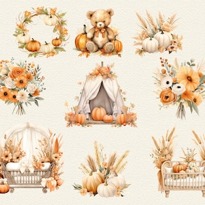 May include: A set of digital illustrations featuring fall-themed elements, including a teddy bear, pumpkins, wreaths, bouquets of flowers, and a tent. The illustrations are in a watercolor style and feature warm, autumnal colors.