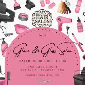 Watercolor Hair Salon Clipart, Hair Stylist Tools, Hairdresser Clipart, Salon Chair, Blow Dryer, Scissors, Beauty Salon, Commercial Use