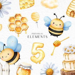 May include: Watercolor illustrations of bees, honeycombs, daisies, and a cake. The image includes a honey dipper, a jar of honey, a number 5 balloon, and the text "INDIVIDUAL ELEMENTS". The color palette is yellow, white, and blue.