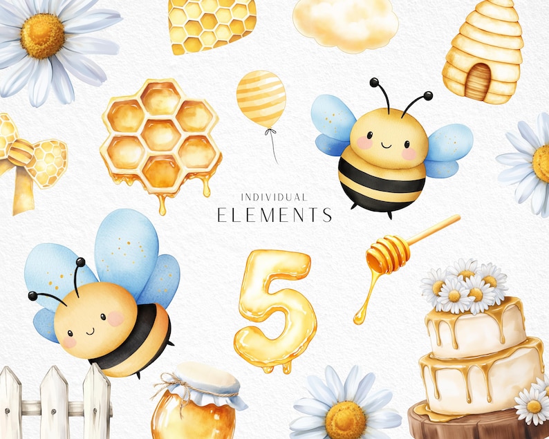 May include: Watercolor illustrations of bees, honeycombs, daisies, and a cake. The image includes a honey dipper, a jar of honey, a number 5 balloon, and the text "INDIVIDUAL ELEMENTS". The color palette is yellow, white, and blue.