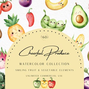 Puede incluir: Un conjunto de 60 ilustraciones de acuarela de frutas y verduras sonrientes. Las ilustraciones están en un estilo de dibujos animados alegre e incluyen piña, aguacate, maíz, champiñón, fruta de dragón, alcachofa, kiwi, rábano, vaina de guisantes, plátano, tomate, pimiento, y más.