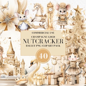May include: A set of 40 digital illustrations featuring a champagne gold colour scheme. The illustrations include a ballerina, a nutcracker, a mouse, a swan, a rocking horse, a Christmas tree, a clock, a castle, and a gift box. The illustrations are perfect for creating holiday cards, invitations, and other festive projects.
