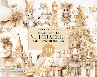 Watercolor Nutcracker Ballet Clipart, Nutcracker Christmas, Ballerina, Clara, Sugar Plum Fairy, Mouse King, Champagne Gold, Commercial Use