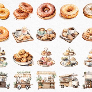 K&ouml;nnte beinhalten: Aquarell-Illustration verschiedener Backwaren, darunter Donuts, Kekse, Geb&auml;ck und Kaffee. Au&szlig;erdem sind Illustrationen von kleinen Essenswagen und einem Ladenlokal zu sehen.
