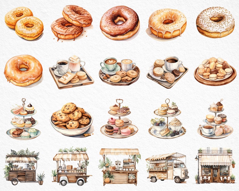 K&ouml;nnte beinhalten: Aquarell-Illustration verschiedener Backwaren, darunter Donuts, Kekse, Geb&auml;ck und Kaffee. Au&szlig;erdem sind Illustrationen von kleinen Essenswagen und einem Ladenlokal zu sehen.
