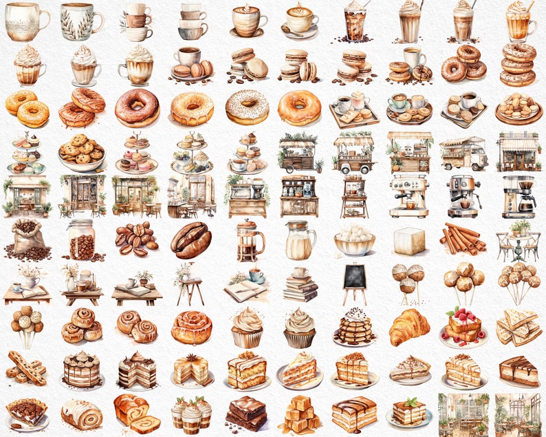K&ouml;nnte beinhalten: Aquarell-Illustrationen von verschiedenen Kaffee- und Backwaren, darunter Kaffeetassen, Donuts, Geb&auml;ck, Kuchen, Kaffeebohnen und Caf&eacute;szenen.