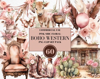 Aquarell Boho Western Clipart, Boho, Cowgirl Clipart, Desert Ranch Clipart, Western Floral Clipart, Boho Floral, Pink, kommerzielle Nutzung