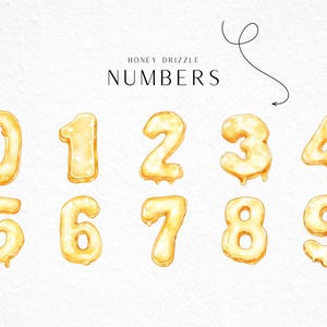 May include: Watercolor illustration of the numbers 0 through 9, each designed to resemble honey dripping. The text "HONEY DRIZZLE NUMBERS" is at the top. The numbers are a golden yellow color and are set against a white background.