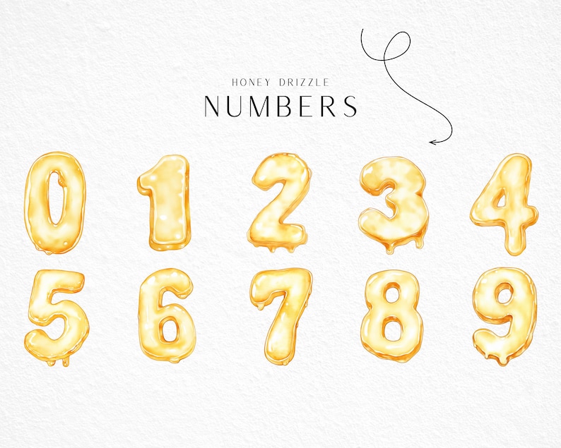 May include: Watercolor illustration of the numbers 0 through 9, each designed to resemble honey dripping. The text "HONEY DRIZZLE NUMBERS" is at the top. The numbers are a golden yellow color and are set against a white background.