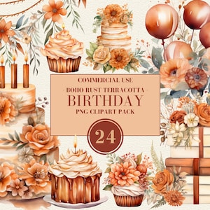 Puede incluir: Un conjunto de 24 ilustraciones de acuarela con un tema de cumpleaños boho terracota oxidada. Las ilustraciones incluyen pasteles, cupcakes, globos, flores y libros.
