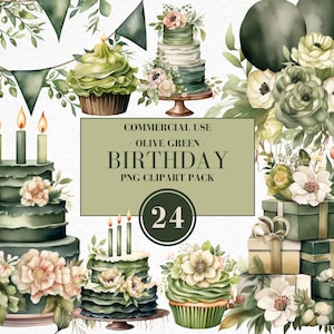 Watercolor Boho Olive Green Birthday Clipart, Watercolor Birthday Clipart, Boho Floral Elements, Bohemian Birthday, Commercial Use
