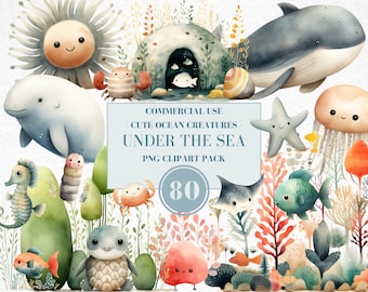 Watercolor Ocean Creatures Under the Sea Clipart, Sea Animal Clipart, Whale, Seahorse, Crab, Jelly Fish, Octopus, Sea Turtle, Commercial Use