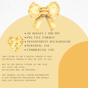 May include: Watercolor illustration featuring a yellow bow with a honeycomb pattern, a heart-shaped honeycomb, and text indicating 40 images, PNG format, transparent background, for personal and commercial use. The listing is for digital products only.