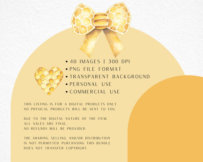 May include: Watercolor illustration featuring a yellow bow with a honeycomb pattern, a heart-shaped honeycomb, and text indicating 40 images, PNG format, transparent background, for personal and commercial use. The listing is for digital products only.