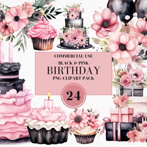 Watercolor Black & Pink Birthday Clipart, Watercolor Birthday Clipart, Pink And Black Deco, Boho Party, Hot Pink Birthday, Commercial Use
