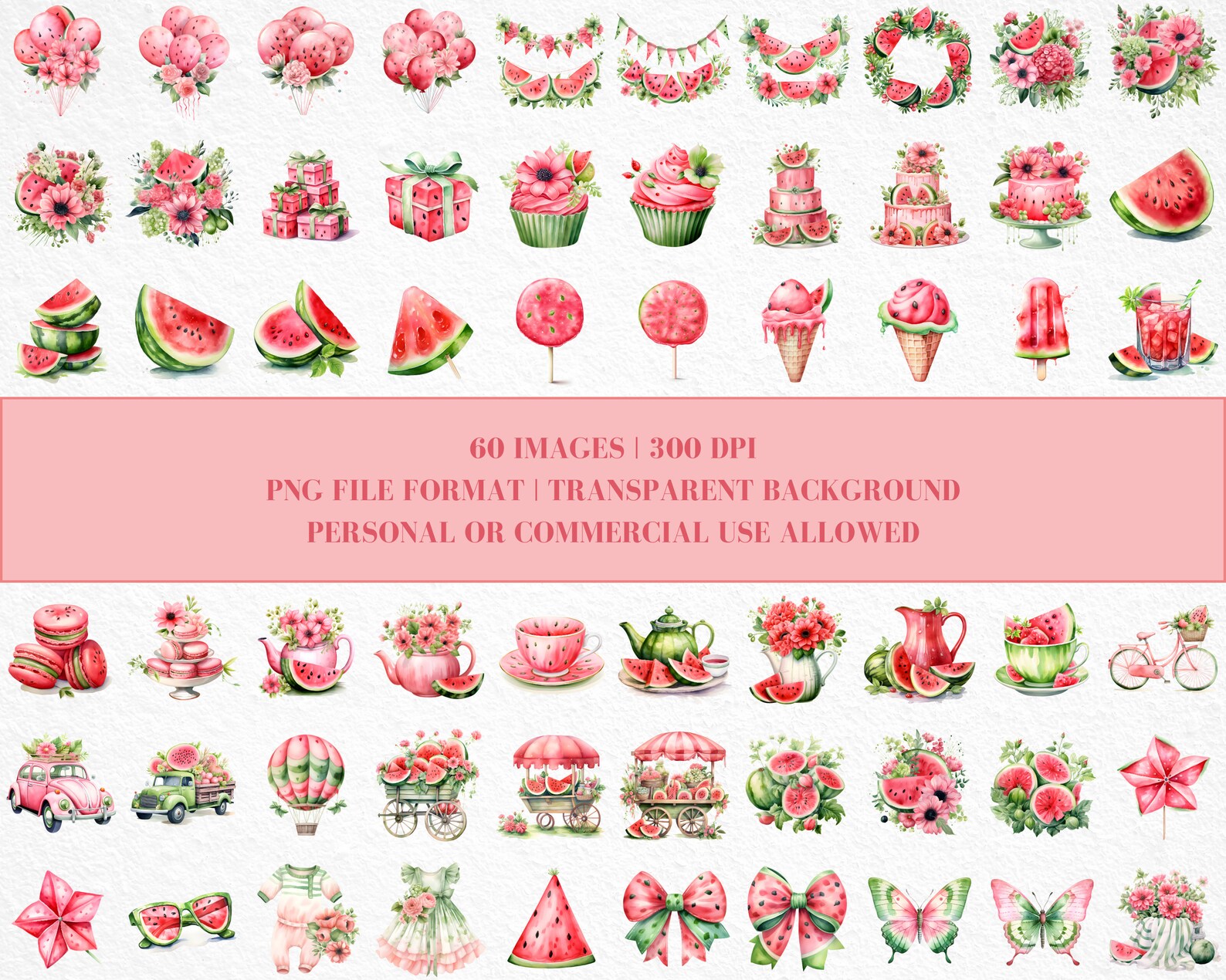 Watercolor Pink Watermelon Clipart, Pink Watermelon Birthday, Pink