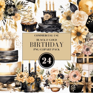 Watercolor Black & Gold Birthday Clipart, Watercolor Birthday Clipart, Black and White Deco, Boho Party, Mod Birthday, Commercial Use