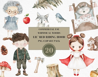 May include: A set of 20 watercolour illustrations featuring characters from the story of Little Red Riding Hood. The illustrations include a girl in a red hooded cape, a wolf, a grandmother, a basket of apples, a bird, a squirrel, a pine cone, a mushroom, a tree stump, an axe, and a bed. The illustrations are perfect for creating invitations, cards, scrapbook pages, and other crafts.