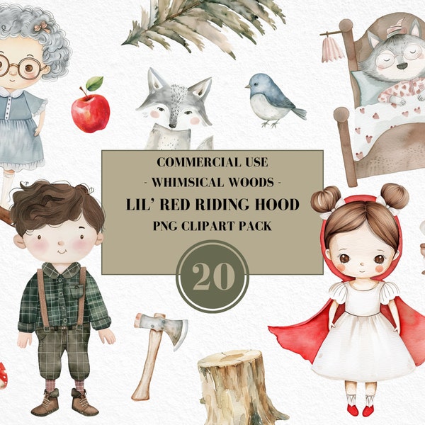 Cute Little Red Riding Hood Clipart, Enchanted Woods, Fairytale Clipart, Forest Clipart, Little Red Riding Hood Party, Commercial Use