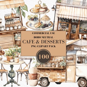 水彩コーヒーカフェ＆デザートクリップアート、エスプレッソ、モカ、コーヒーカート、フレンチカフェ、ケーキポップ、ドーナツ、ケーキ、コーヒートラック、商業用