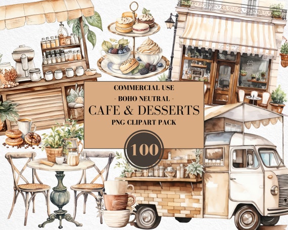 Watercolor Coffee Cafe & Desserts Clipart, Espresso, Mocha, Coffee Cart, French Cafe, Cake Pops, Donuts, Cake, Coffee Truck, Commercial Use
