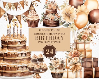Clipart di compleanno con cioccolato e abbronzatura ad acquerello, Clipart di compleanno con acquerello, Elementi floreali boho, Compleanno boho, Marrone, Uso commerciale